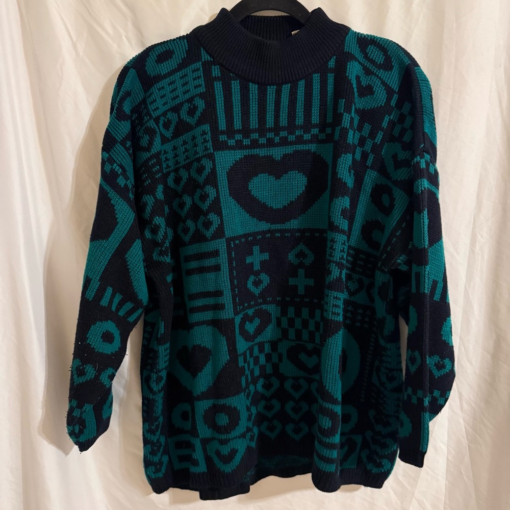 90’s Stefano Teal and Black Mock Neck Sweater with Geometric Patterns